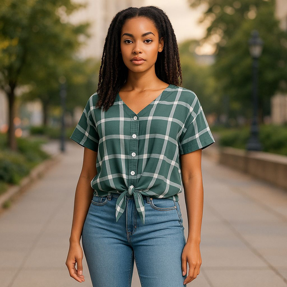 Universal Thread Green White Plaid Button Up Tie … - image 1